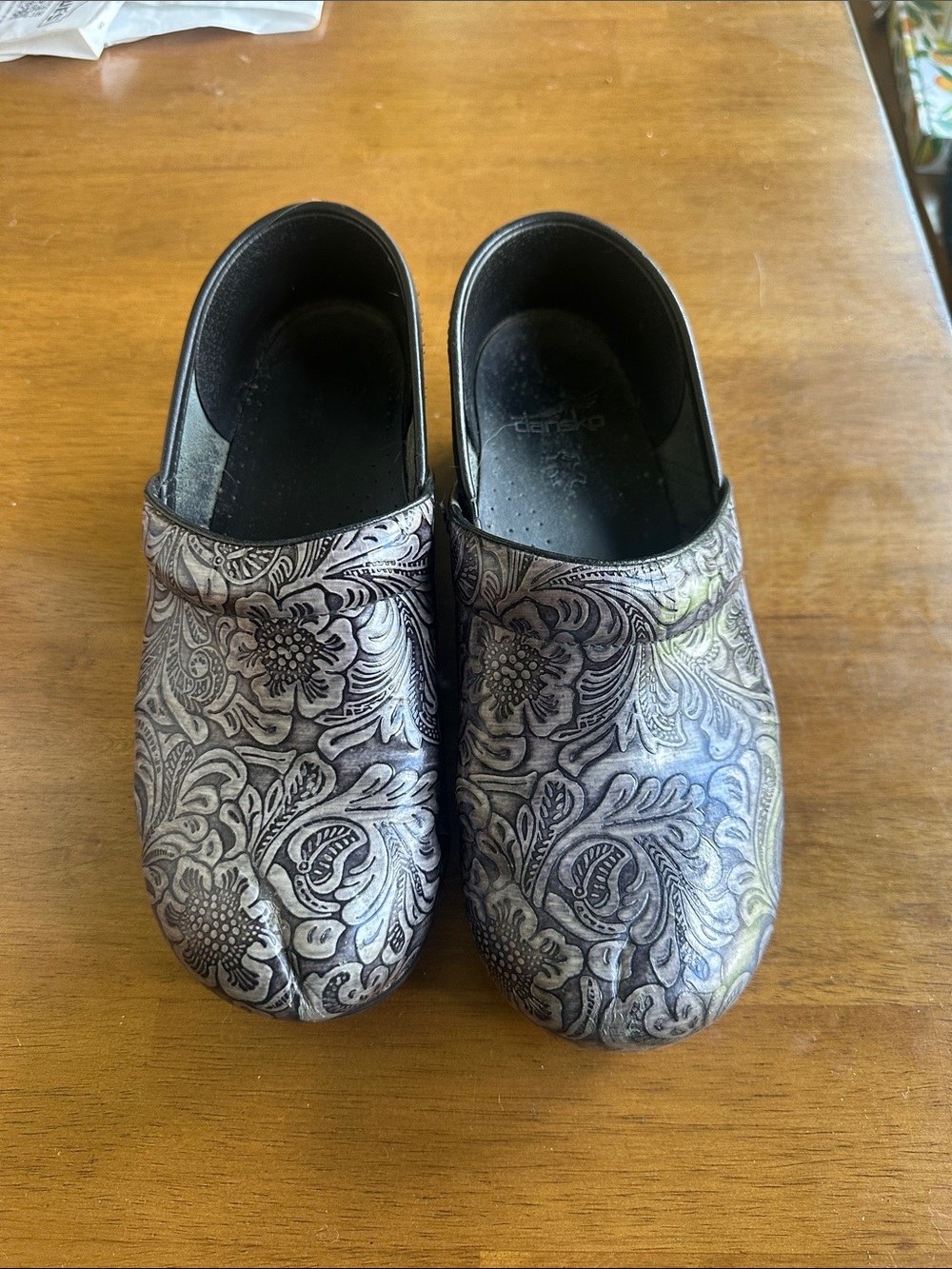 Dansko Floral Embossed Gray Black Mules